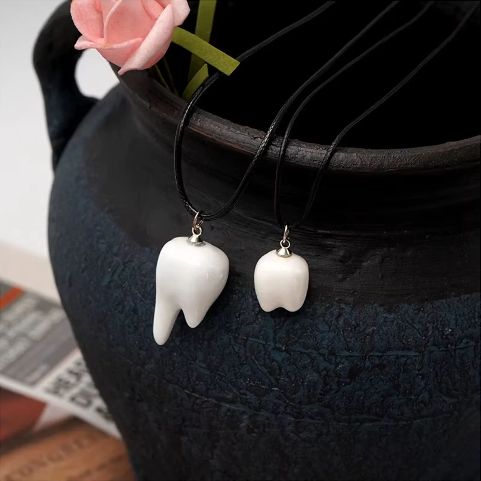 Resin Tooth Shape Pendant Necklaces – Black Waxed Cord Necklace