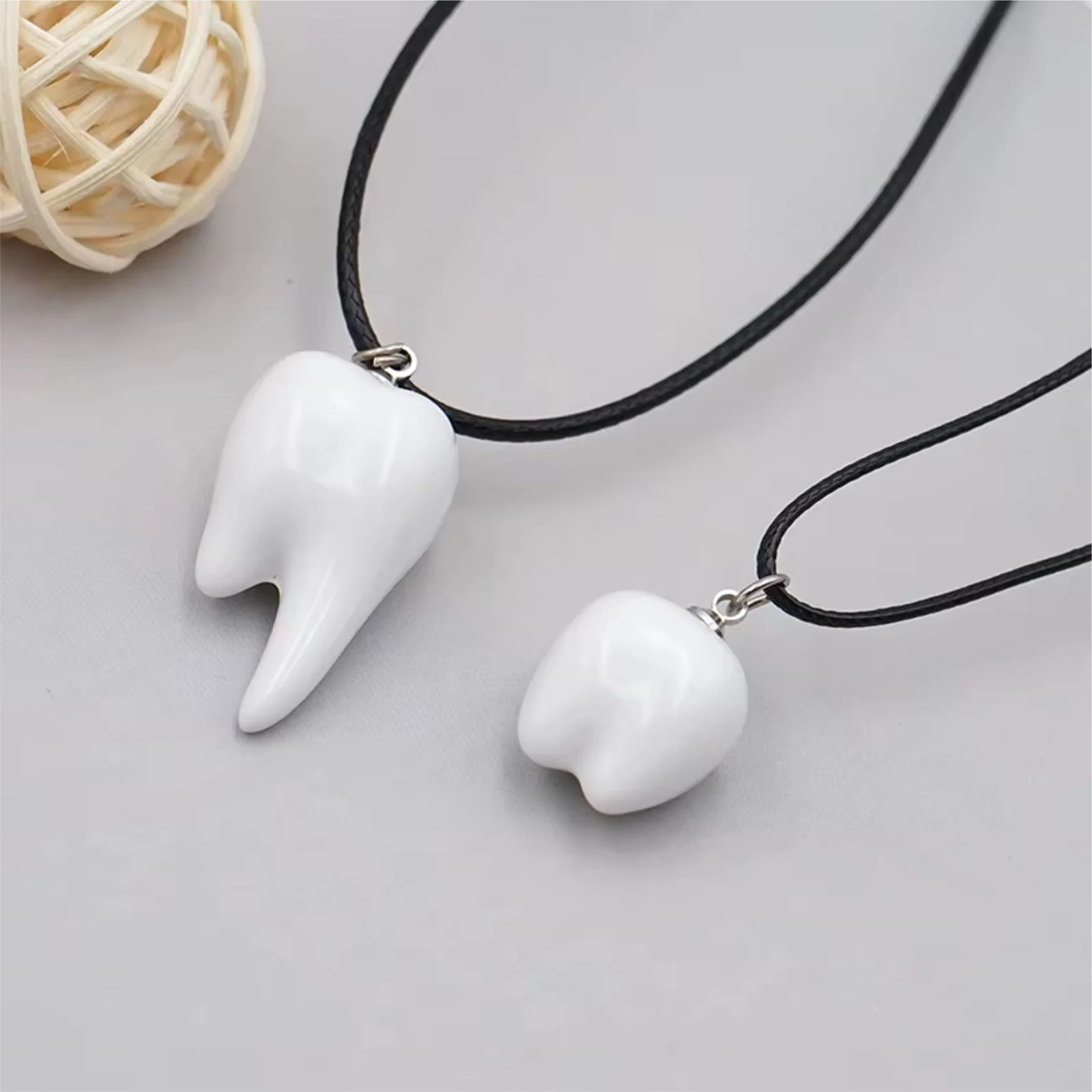 Resin Tooth Shape Pendant Necklaces – Black Waxed Cord Necklace
