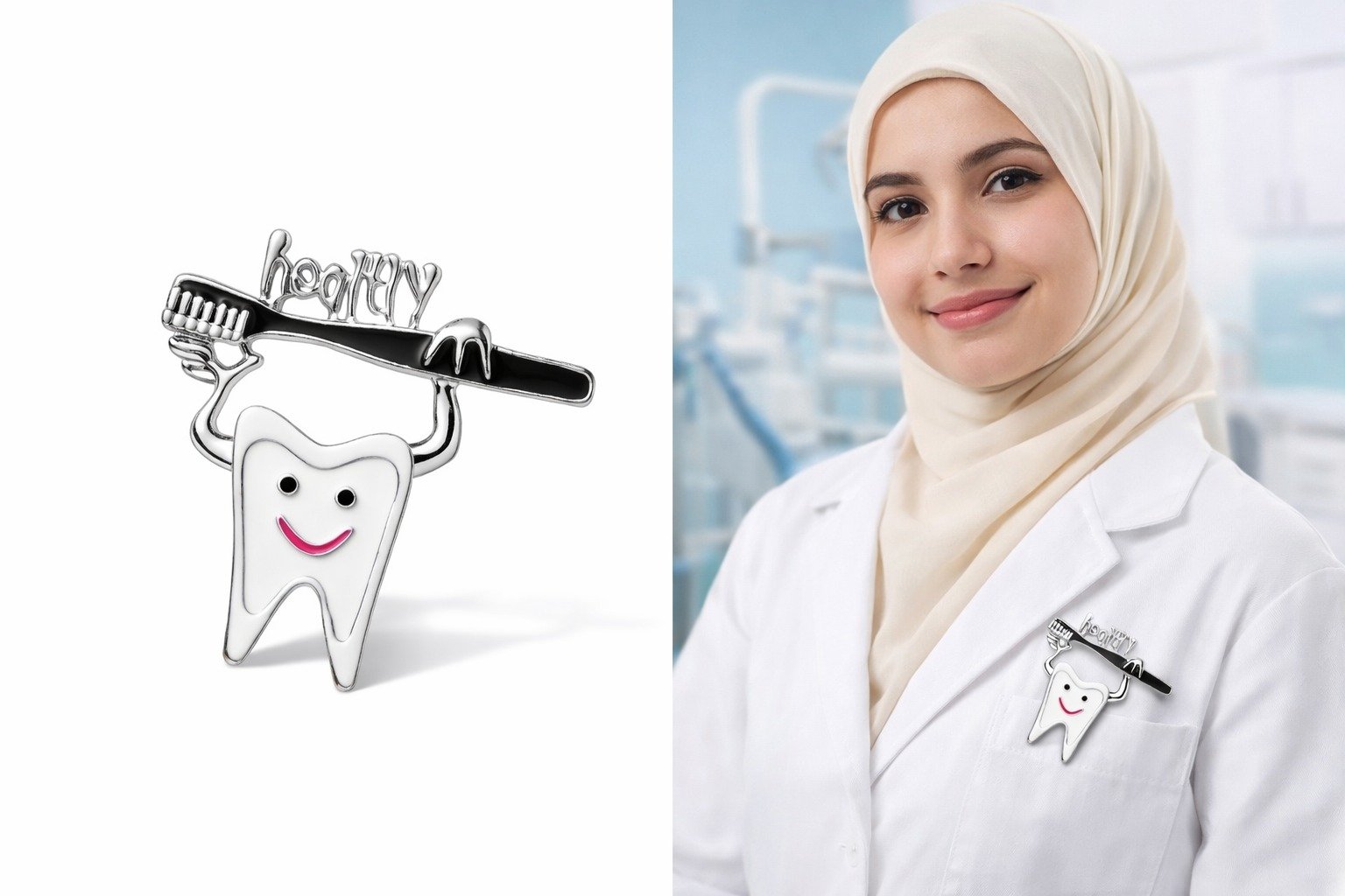 Smiling Tooth Enamel Brooch with Silver Toothbrush