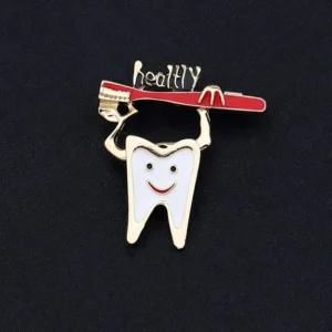 Smiling Tooth Enamel Brooch with Red Toothbrush