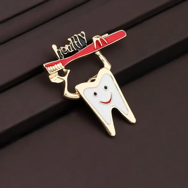 Smiling Tooth Enamel Brooch with Red Toothbrush