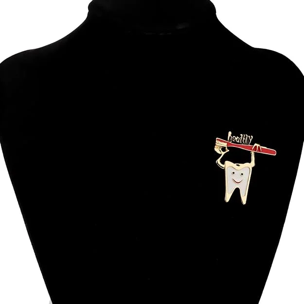 Smiling Tooth Enamel Brooch with Red Toothbrush