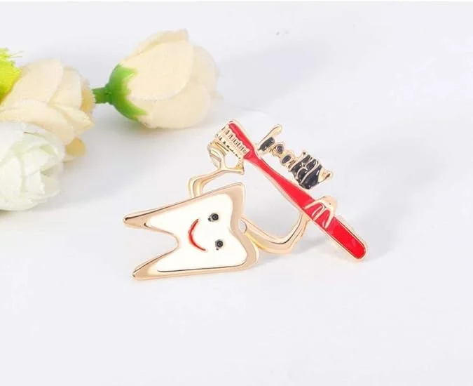 Smiling Tooth Enamel Brooch with Red Toothbrush