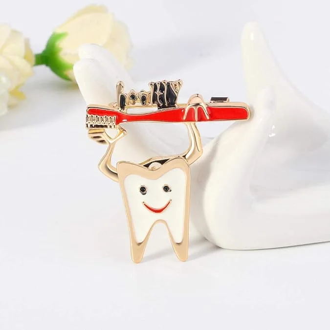 Smiling Tooth Enamel Brooch with Red Toothbrush
