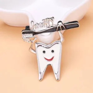 Smiling Tooth Enamel Brooch with Silver Toothbrush