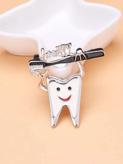 Smiling Tooth Enamel Brooch with Silver Toothbrush