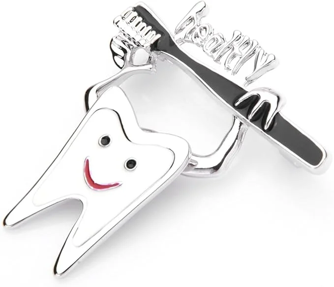 Smiling Tooth Enamel Brooch with Silver Toothbrush
