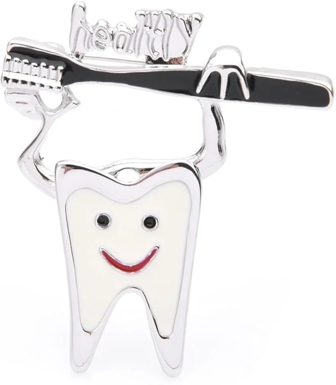 Smiling Tooth Enamel Brooch with Silver Toothbrush