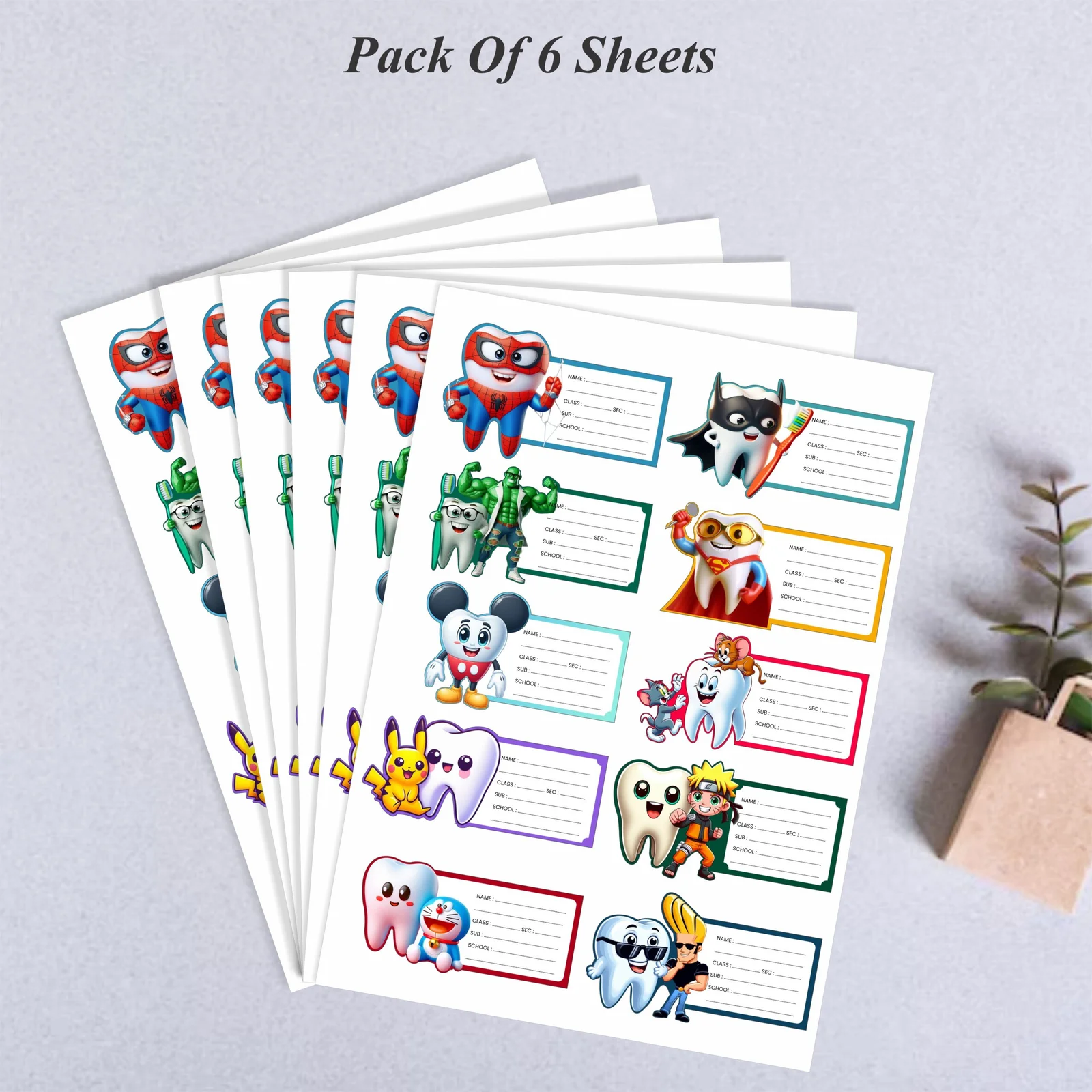 Dental Book Label Stickers – Pack of 6 (Cartoon Tooth Theme)